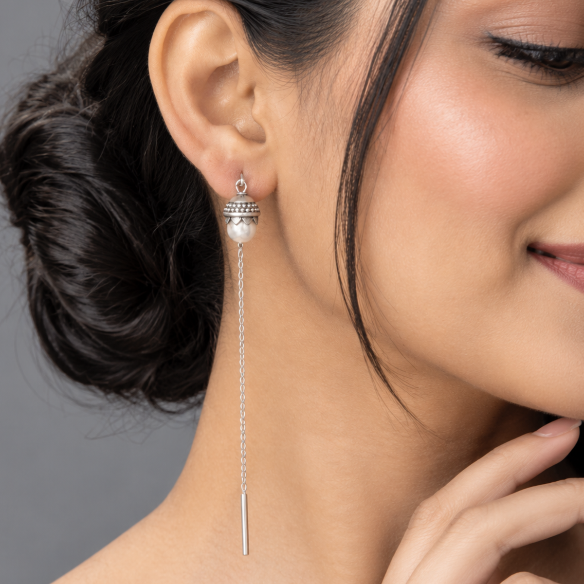 Silver Pearl Threader Earrings | Dainty Sui Dhaga Chain Earrings with Simulated Pearl & Oxidized Detail