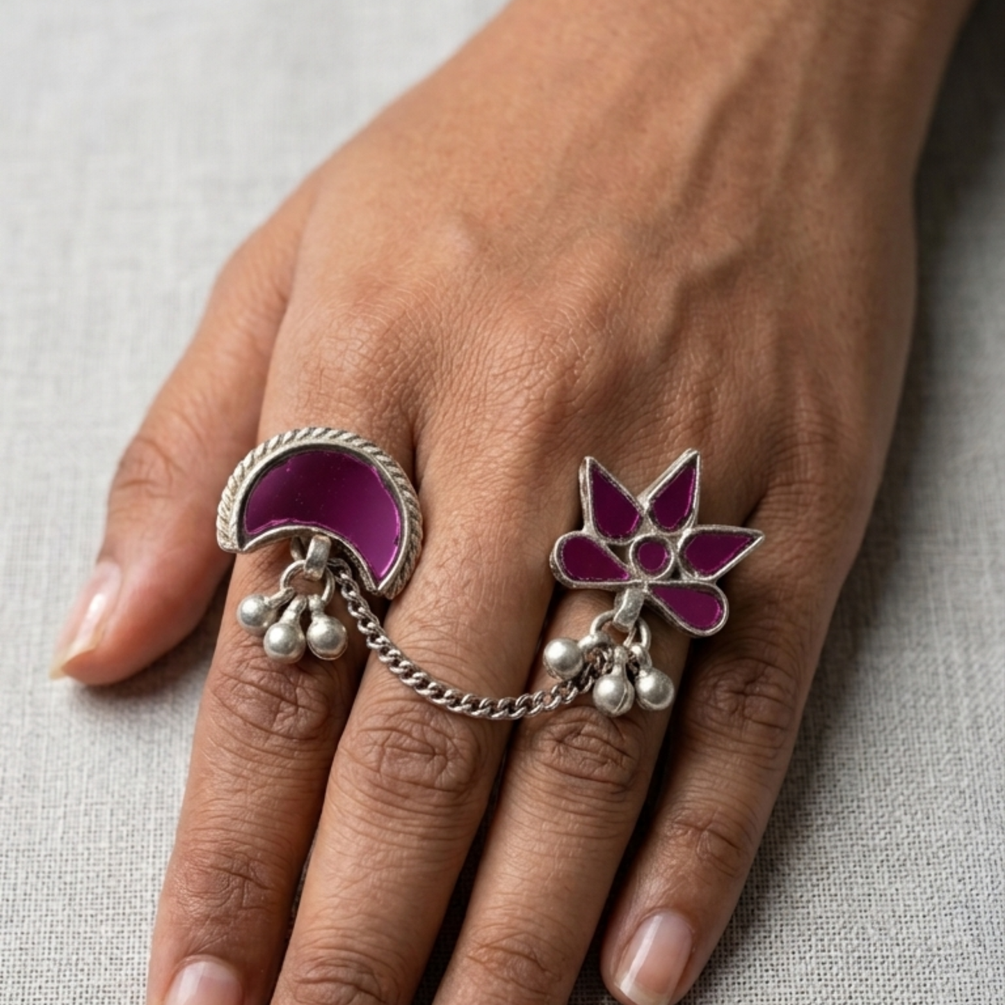 Afghani Mirror Glass Pink Double Finger Rings