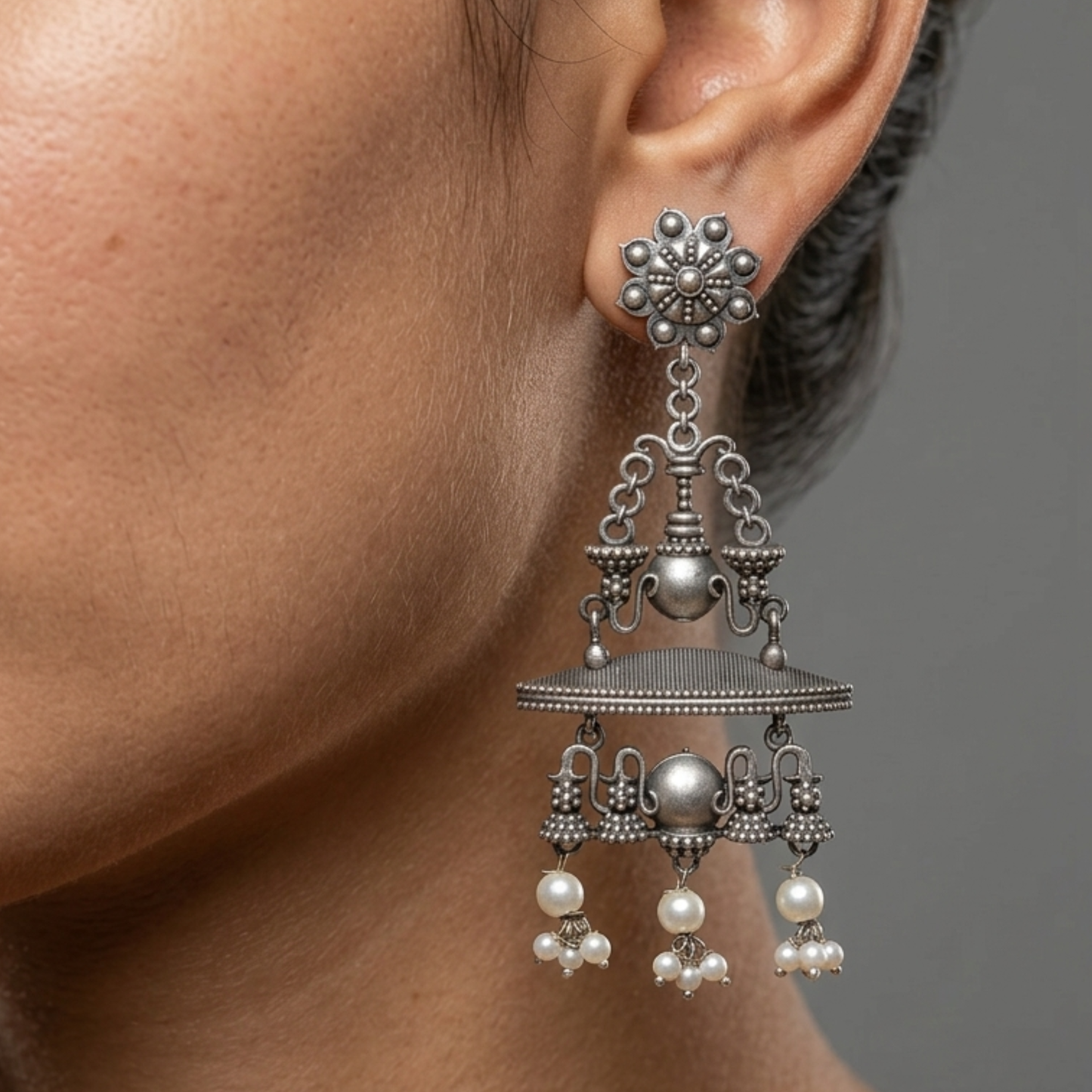 Handcrafted Oxidized Silver-Plated Brass Chandbali Earrings with Faux Pearl Drops