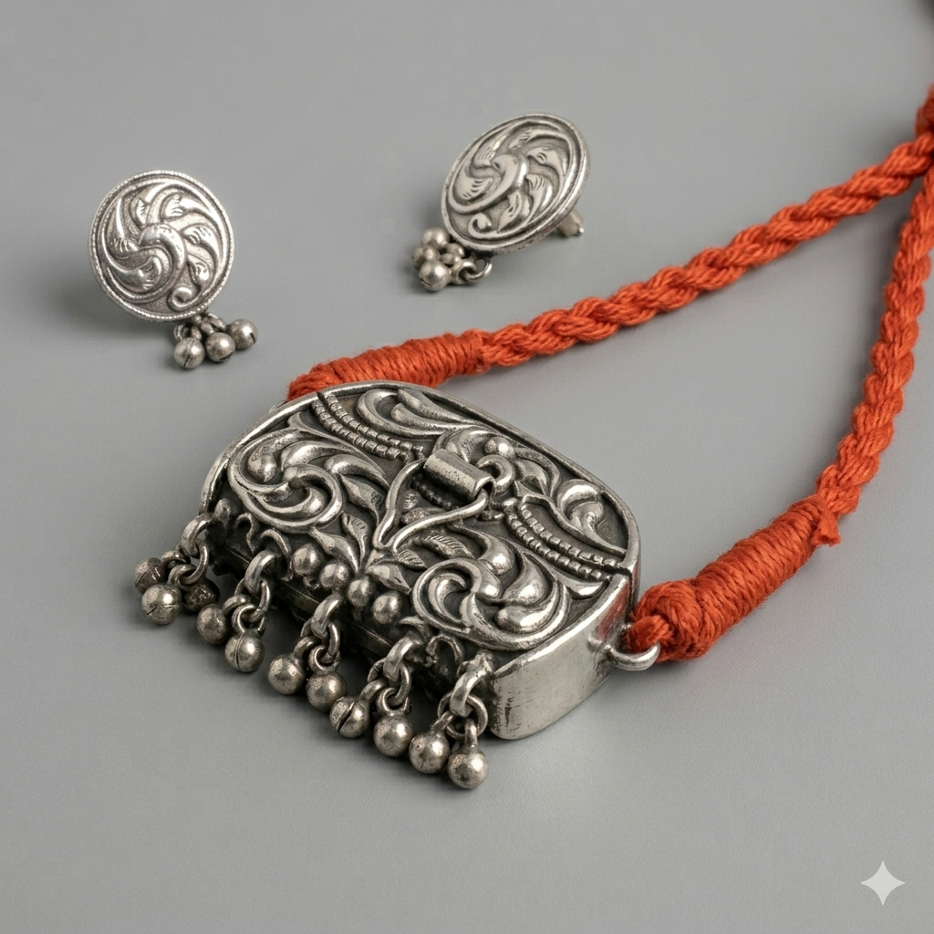 Oxidized Silver-Replica Vintage Taaviz Pendant Choker Set with Stud Earrings