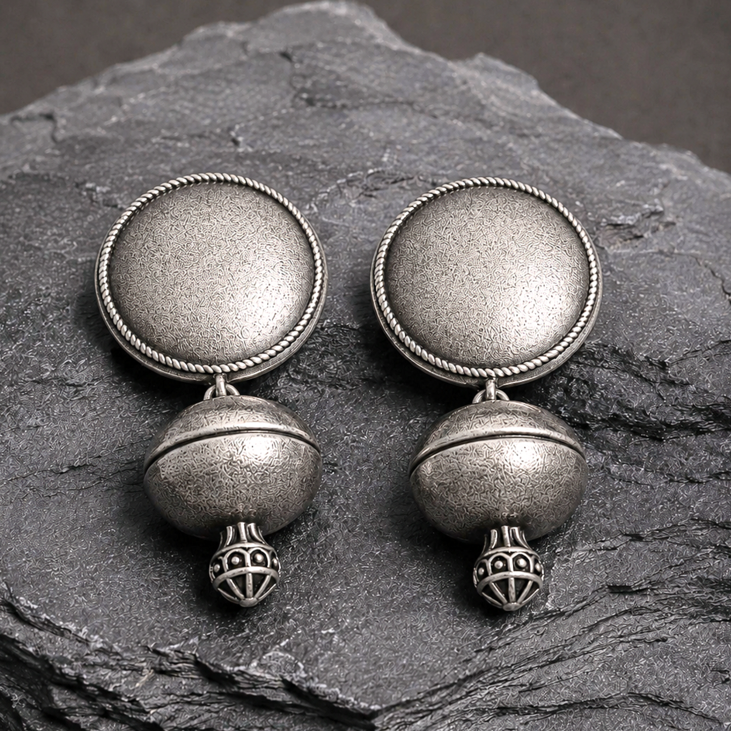 Artisan Antique Silver Statement Drop Earrings | Textured Bold Geometric Jewelry by Dulcett India