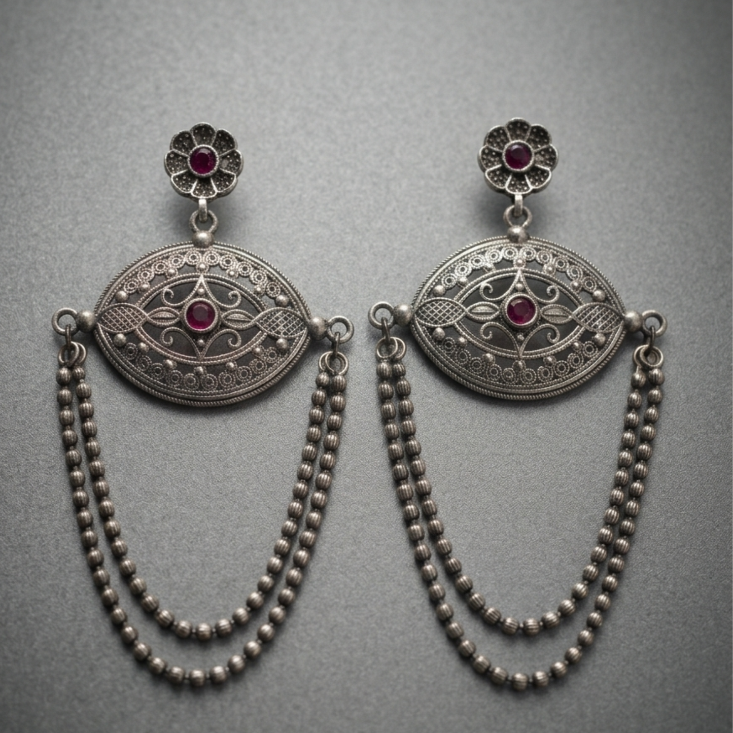Antique Oxidized Silver Filigree Earrings with Ruby Accents & Double Beaded Chains | Bohemian Tribal Statement Jewelry