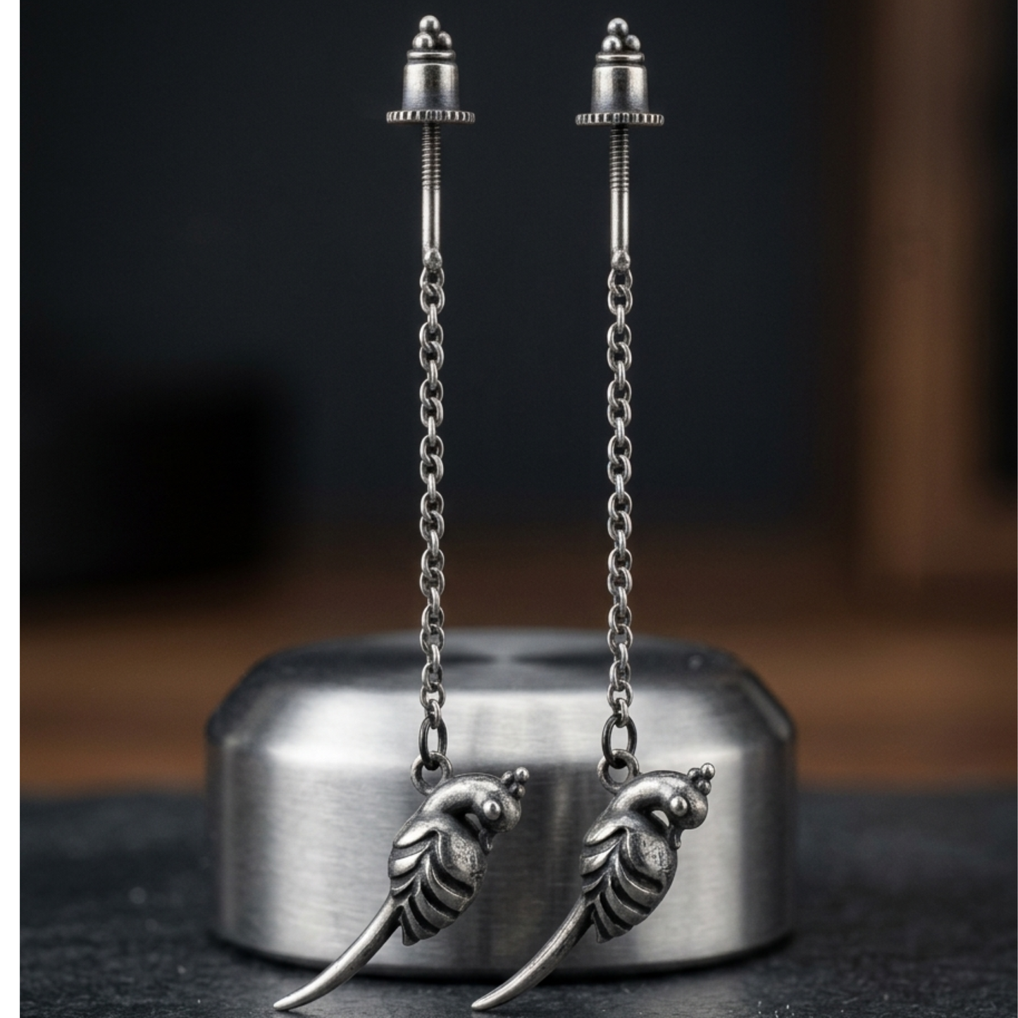 Oxidized Silver Bird Charm Helix Piercing | Industrial Barbell Chain Earring | Tribal Boho Cartilage Jewelry for Men & Women