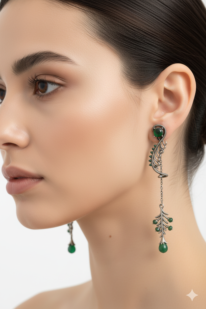 Artisan Oxidized Brass Leaf Dangle Earrings with Green Gemstones | Bohemian Vintage Long Drop Jewelry