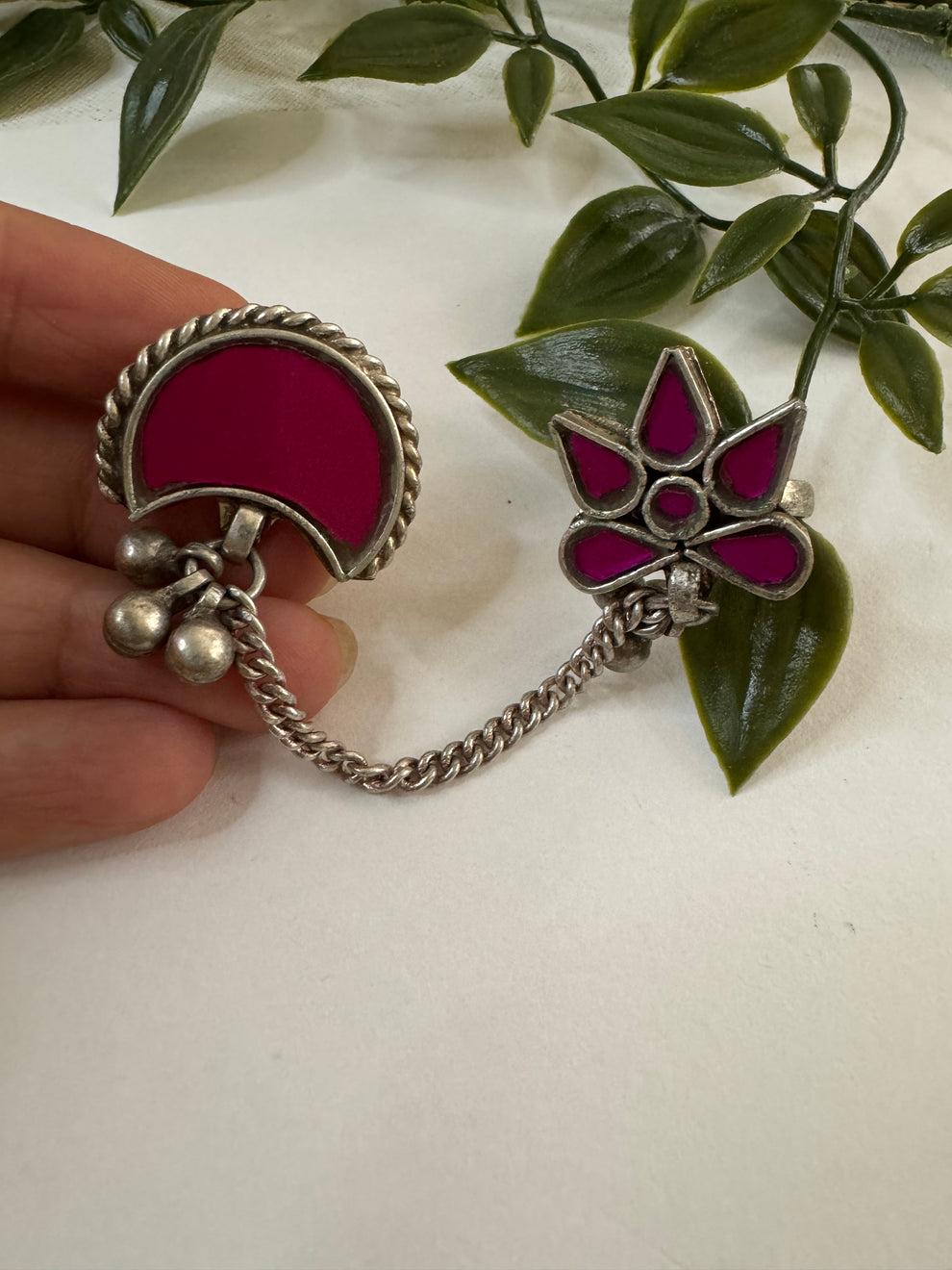 Afghani Mirror Glass Pink Double Finger Rings