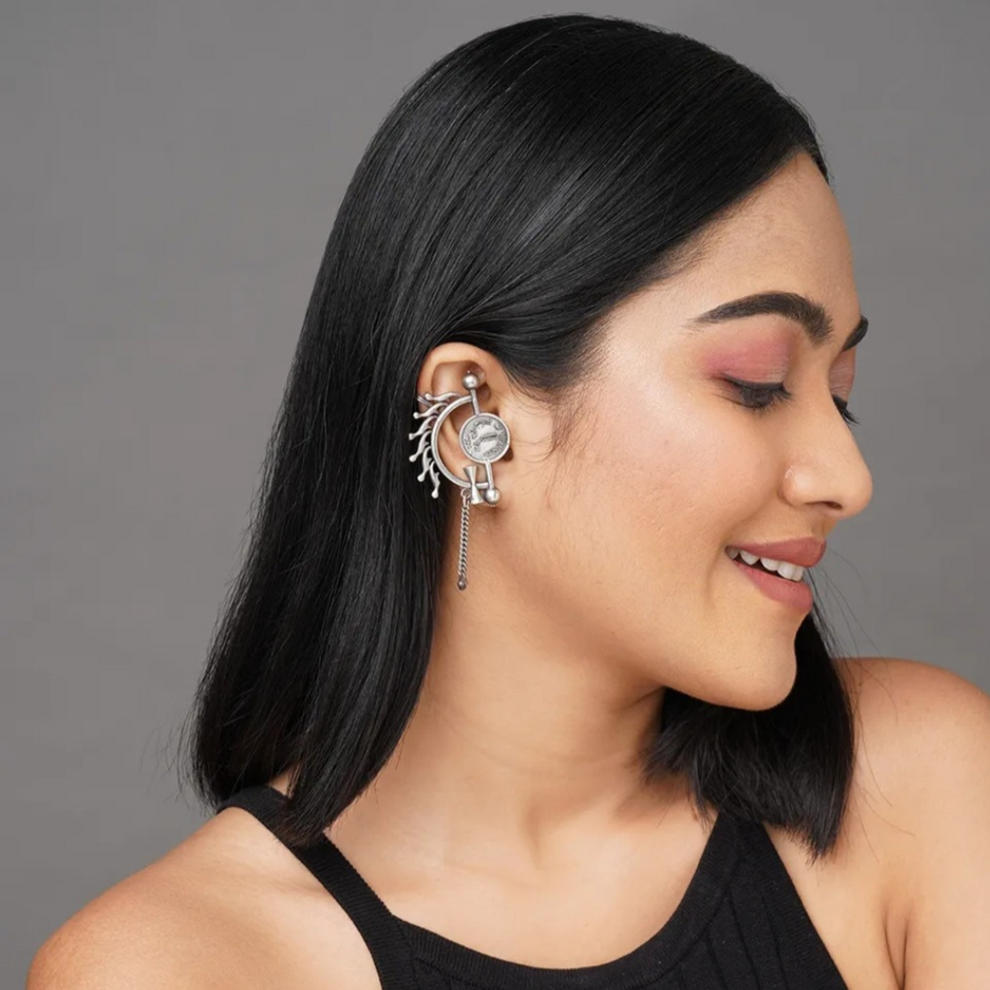 Coin Shape Unique Ear Cuff Earrings : Oxidized Silver Earrings