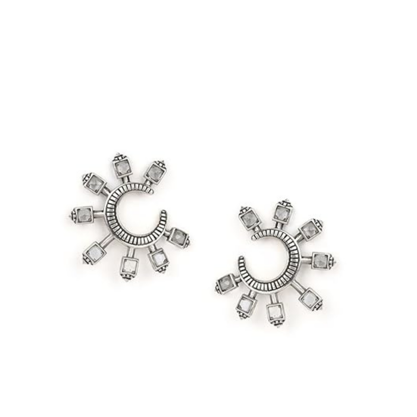 Crescent Shape Silver Earrings with Polki