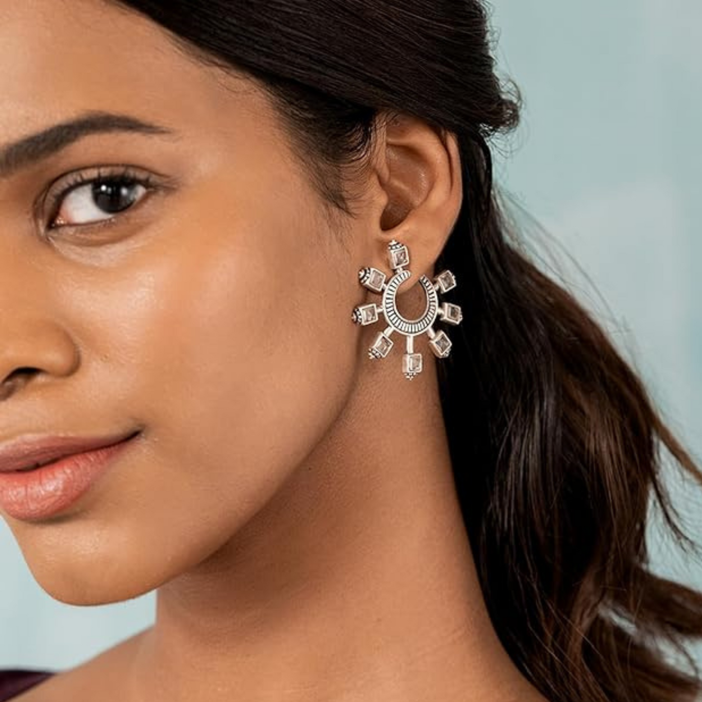Crescent Shape Silver Earrings with Polki