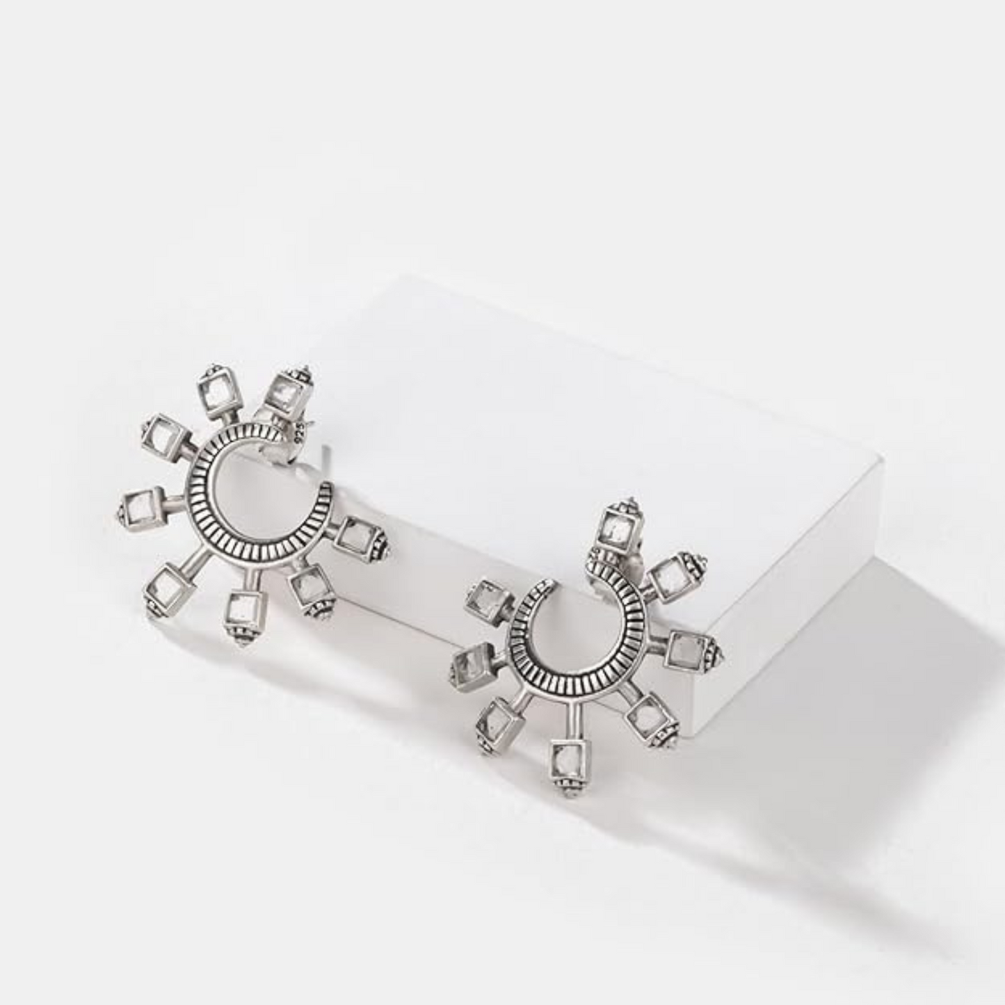 Crescent Shape Silver Earrings with Polki