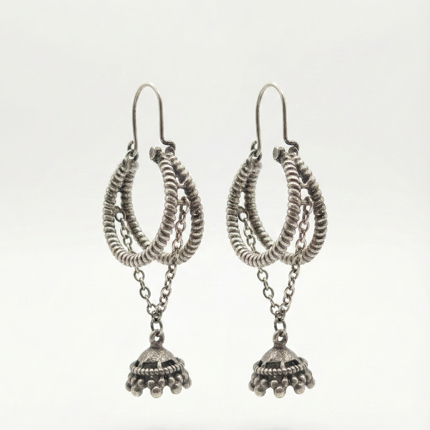 Oxidized Silver Jhumka Earrings – Boho Tribal Drop Dangles with Twisted Hoop and Chain Detail