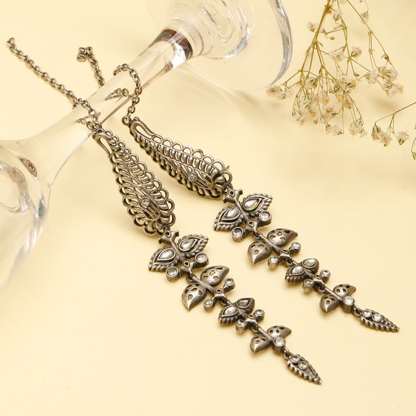 Silver Plated Oxidised Contemporary Drop Kanauti Earrings