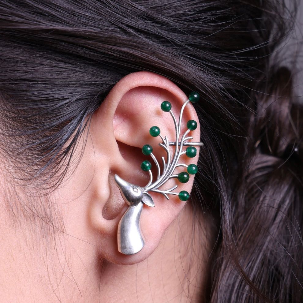 Unique Green Stone Ear Cuff Earrings