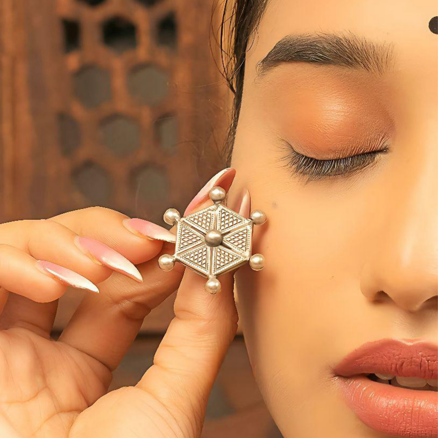 Dulcett Hexagon Shape Oxidised Stud Earrings: Elegant Silver Jewelry for Modern Style