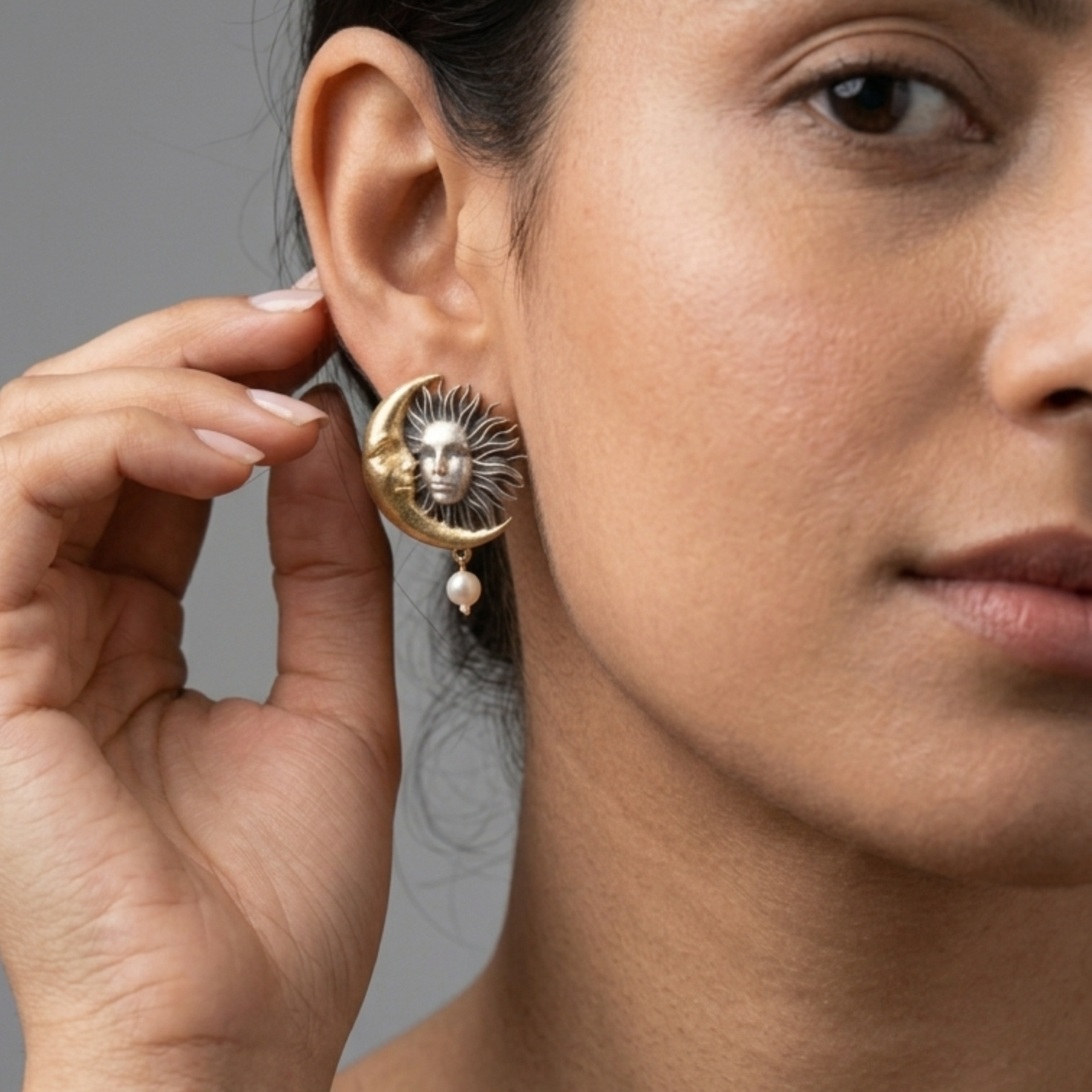 Celestial Sun and Moon Pearl Drop Earrings | Two-Tone Vintage Boho Jewelry