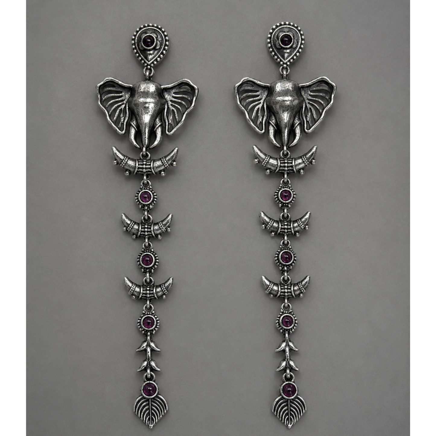 Vintage Oxidized Silver Elephant Dangle Earrings with Ruby-Red Stones – Tribal Boho Statement Long Drop Earrings