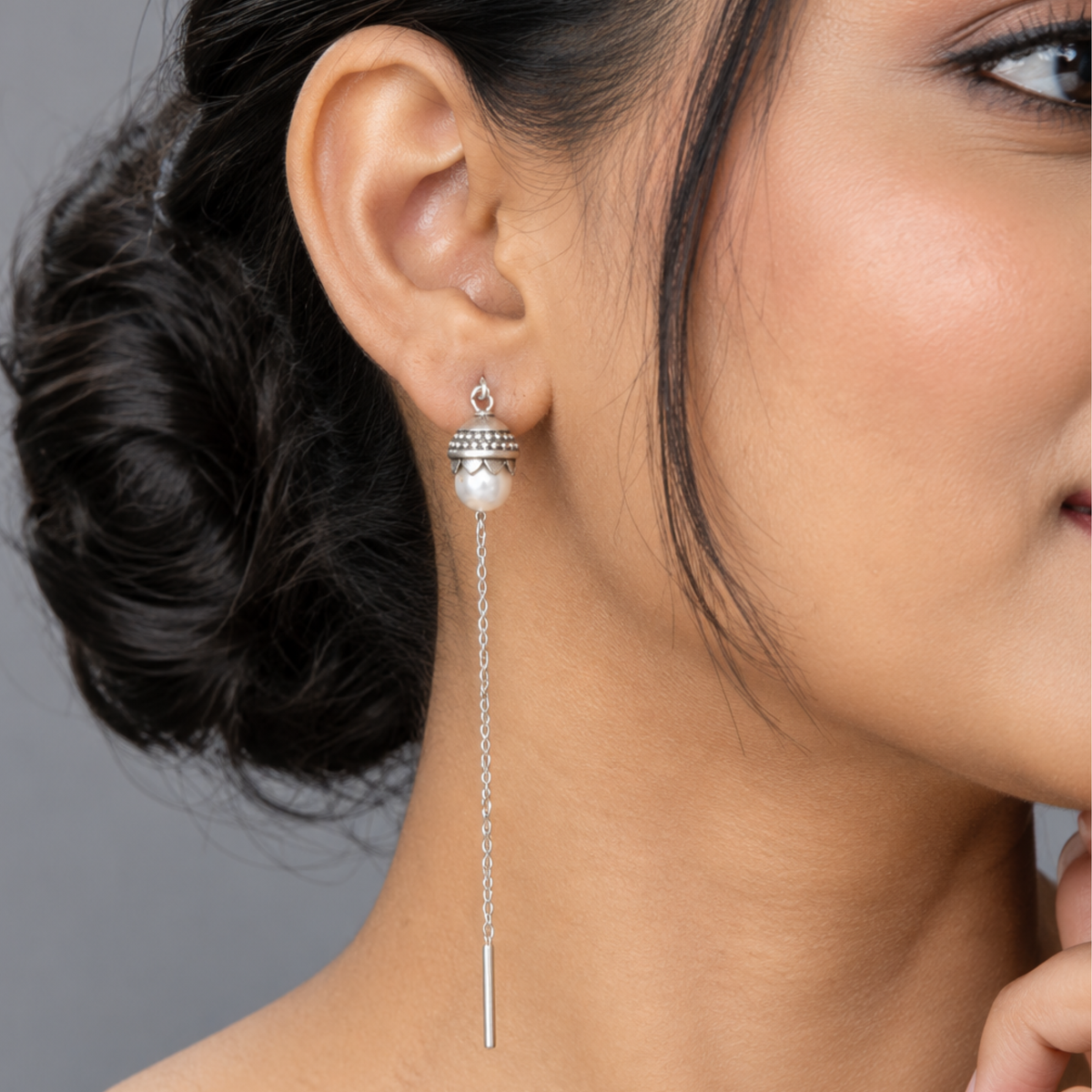 Silver Pearl Threader Earrings | Dainty Sui Dhaga Chain Earrings with Simulated Pearl & Oxidized Detail