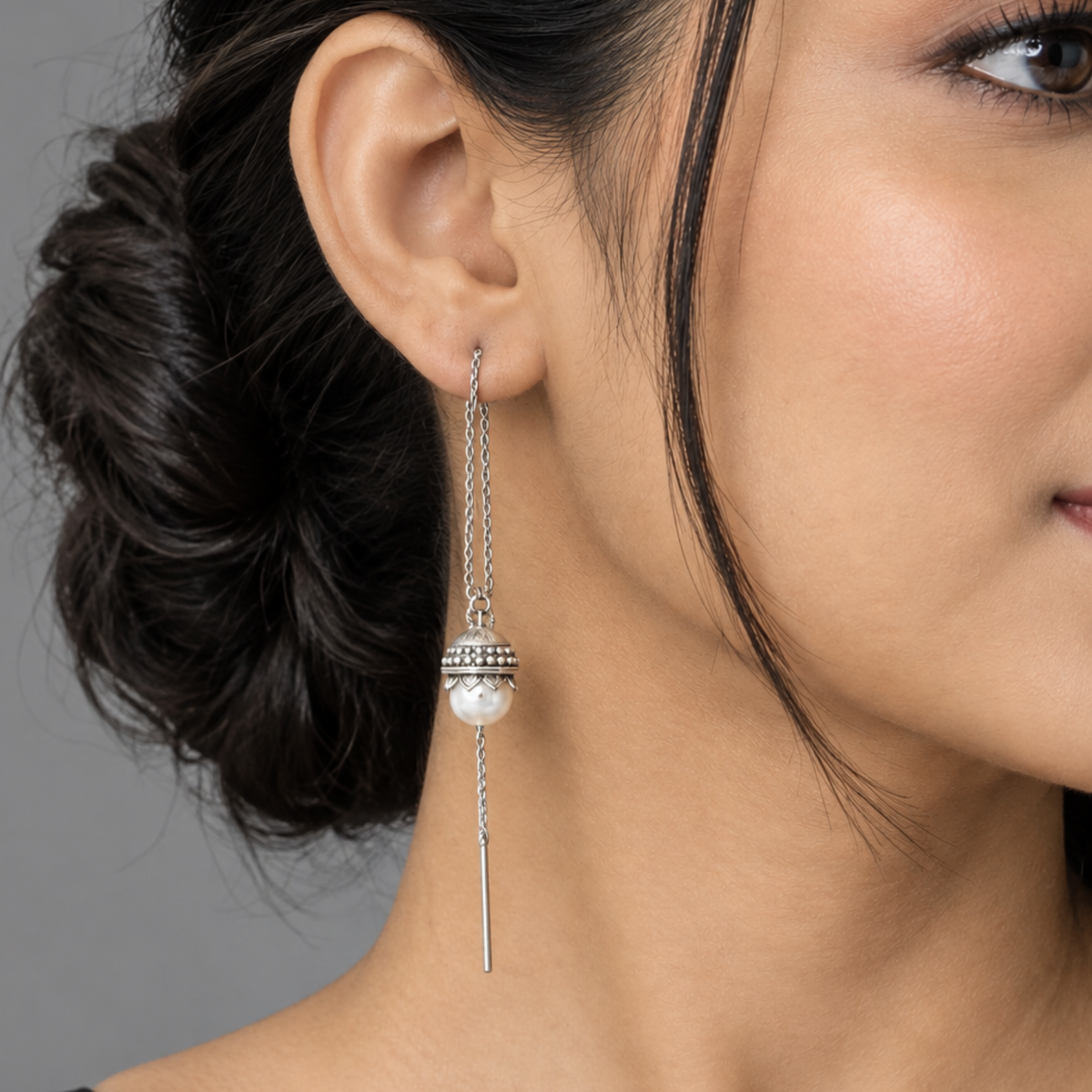 Silver Pearl Threader Earrings | Dainty Sui Dhaga Chain Earrings with Simulated Pearl & Oxidized Detail