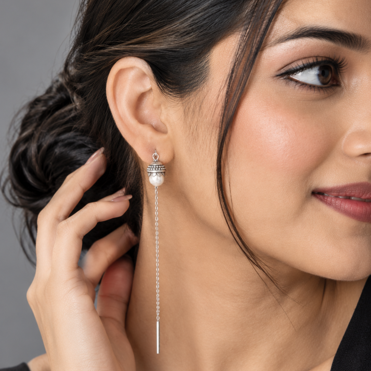 Silver Pearl Threader Earrings | Dainty Sui Dhaga Chain Earrings with Simulated Pearl & Oxidized Detail