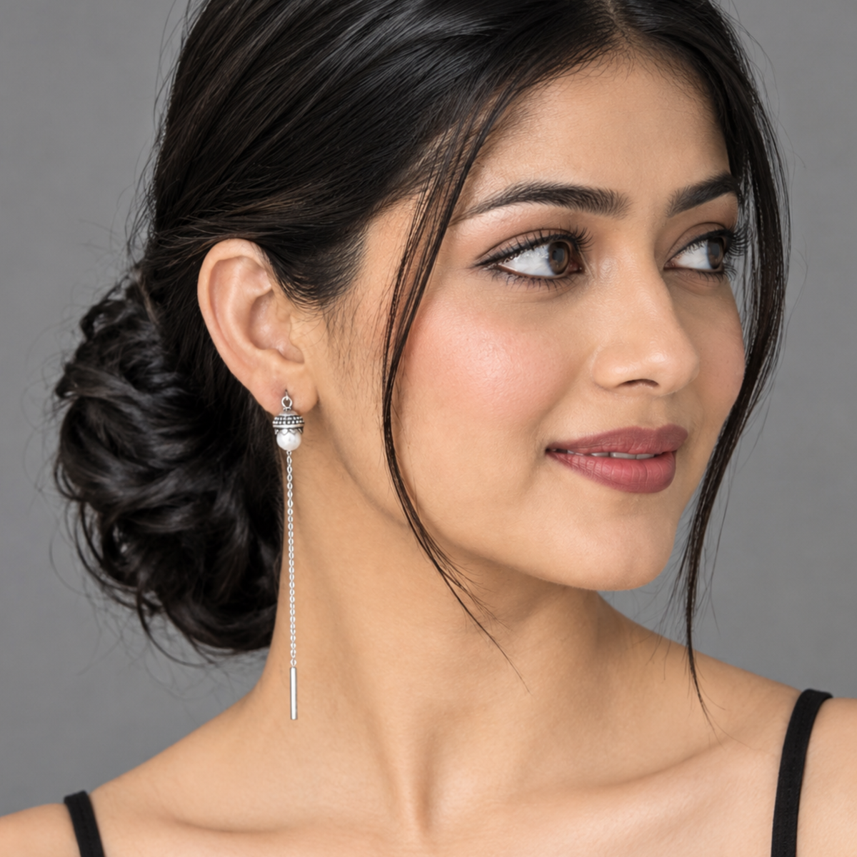 Silver Pearl Threader Earrings | Dainty Sui Dhaga Chain Earrings with Simulated Pearl & Oxidized Detail