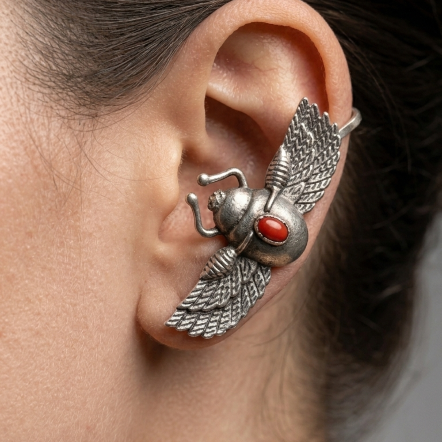 Egyptian Revival Winged Scarab Ear Cuff – Oxidized Silver-Plated Brass Statement Jewelry