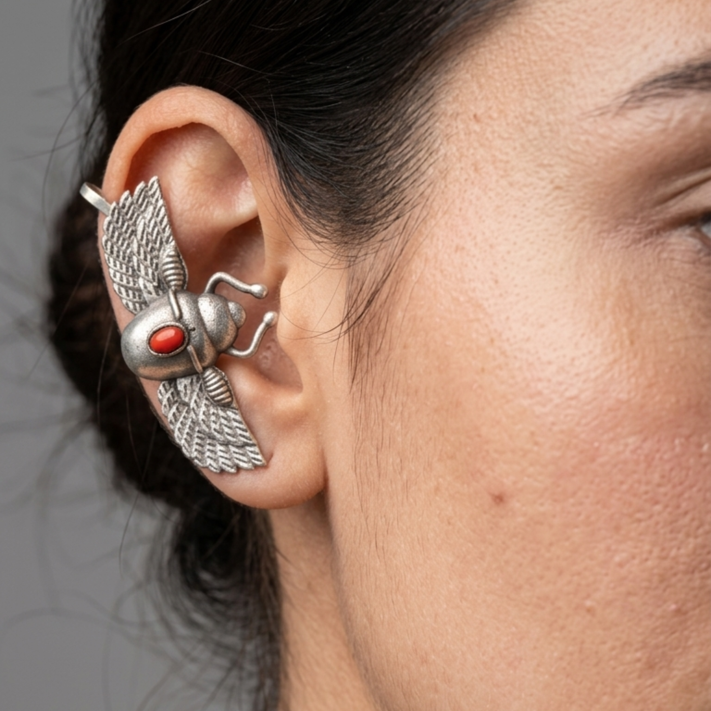 Egyptian Revival Winged Scarab Ear Cuff – Oxidized Silver-Plated Brass Statement Jewelry