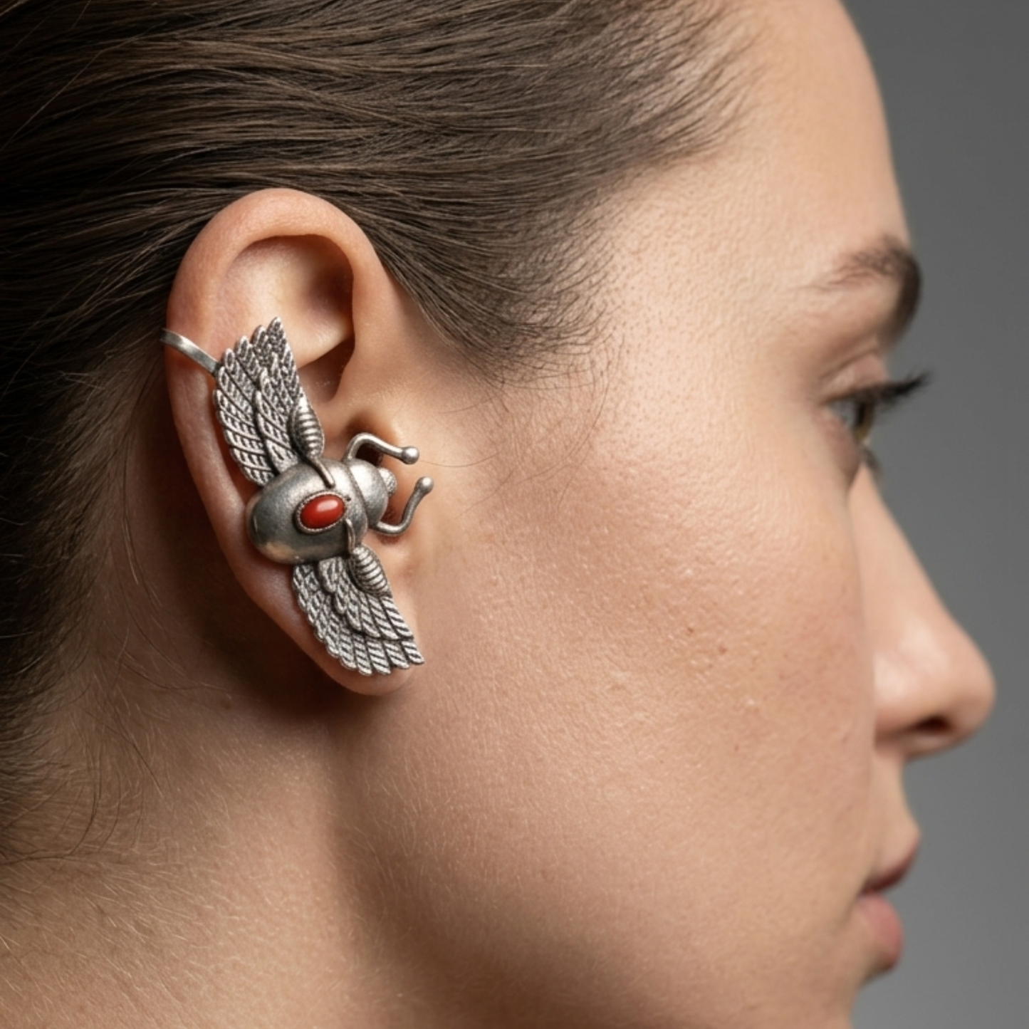 Egyptian Revival Winged Scarab Ear Cuff – Oxidized Silver-Plated Brass Statement Jewelry
