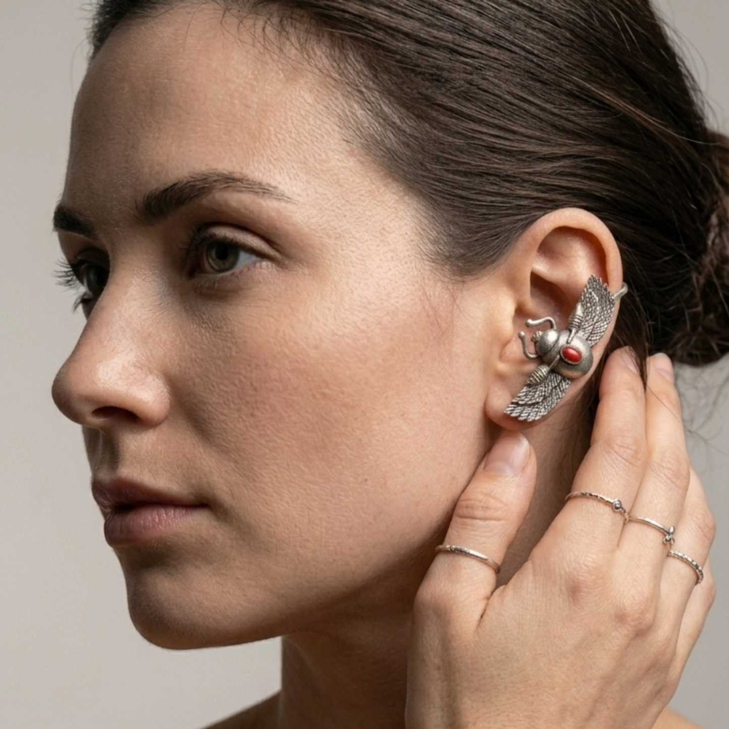 Egyptian Revival Winged Scarab Ear Cuff – Oxidized Silver-Plated Brass Statement Jewelry