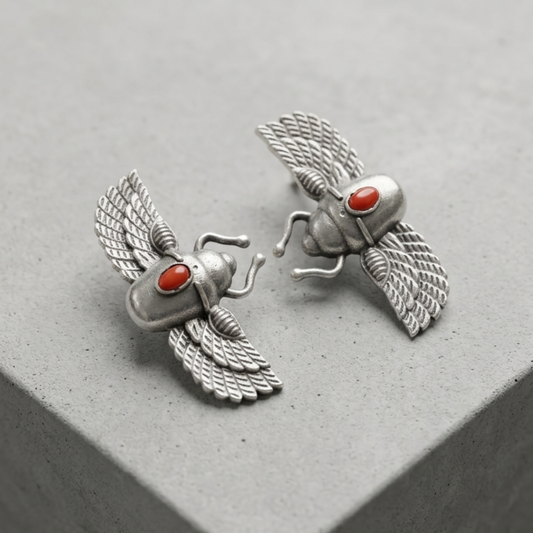 Egyptian Revival Winged Scarab Ear Cuff – Oxidized Silver-Plated Brass Statement Jewelry