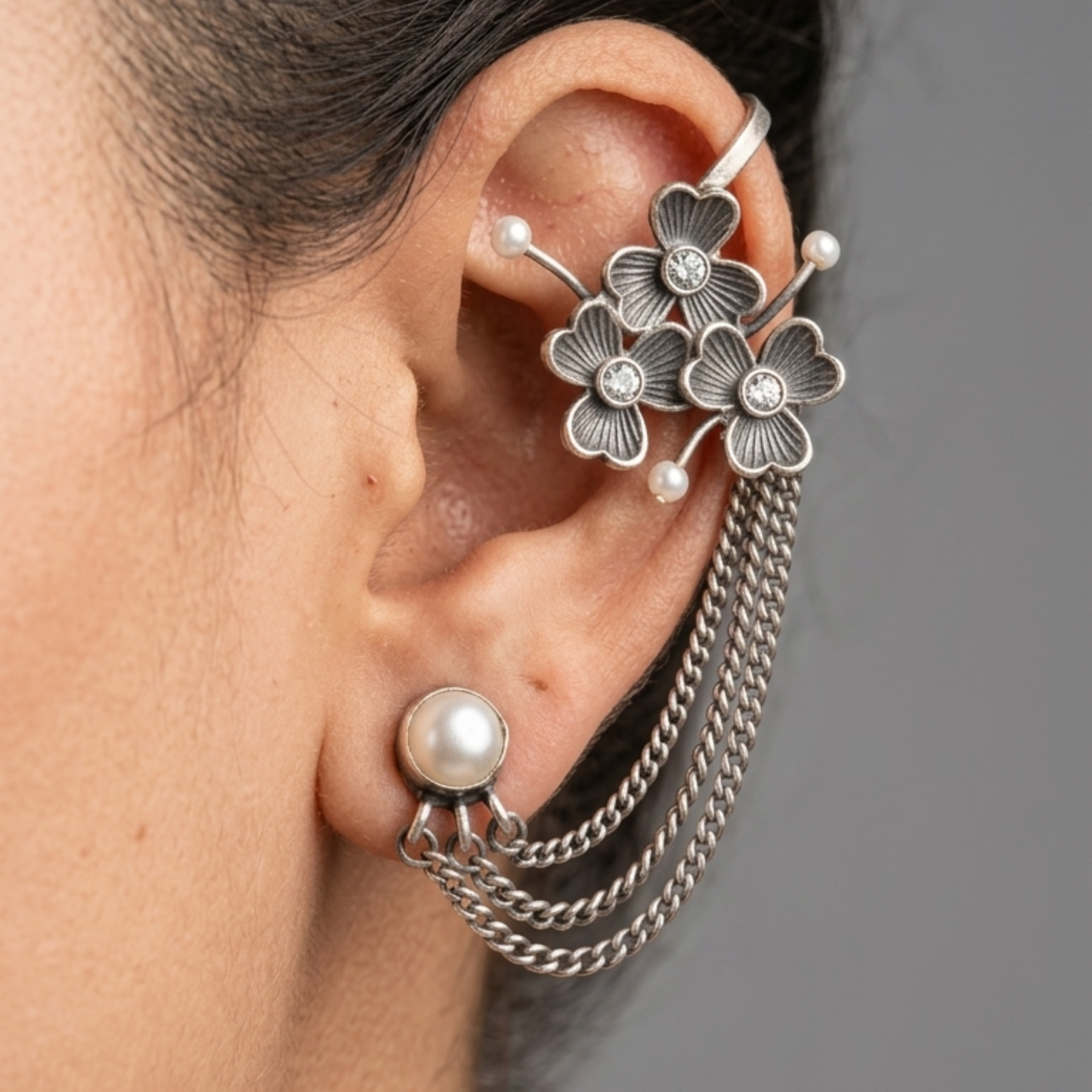 Floral Vine Ear Cuff with Pearl Drop & Chain Detail – Oxidized Silver-Plated Statement Jewelry