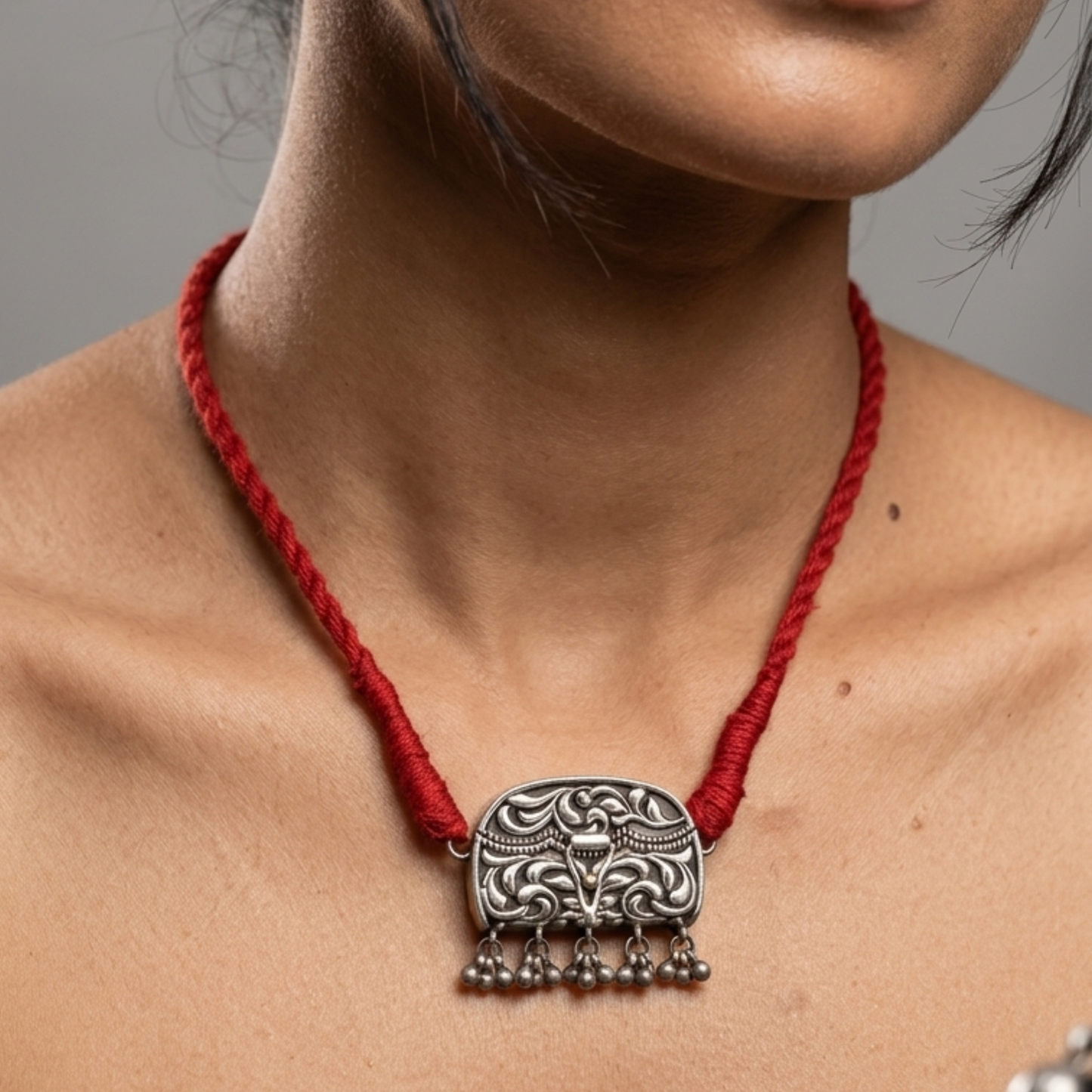Oxidized Silver-Replica Vintage Taaviz Pendant Choker Set with Stud Earrings