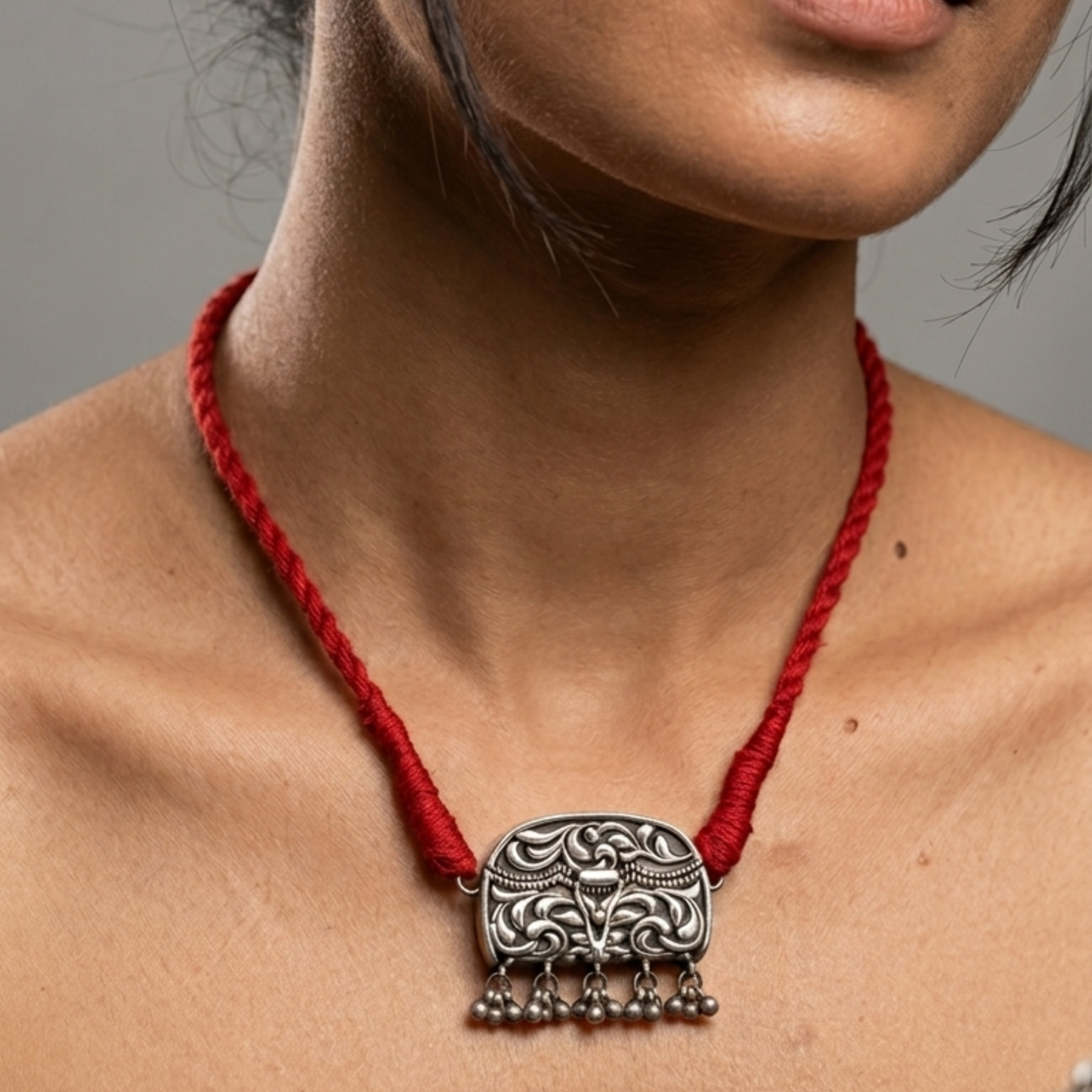 Oxidized Silver-Replica Vintage Taaviz Pendant Choker Set with Stud Earrings