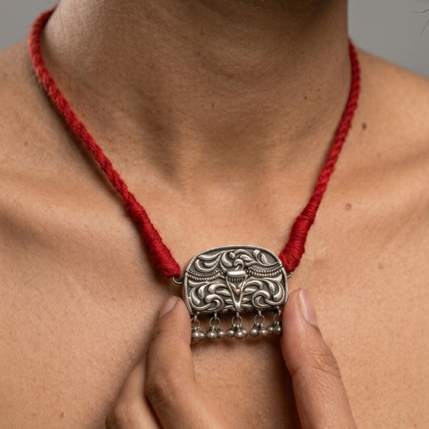 Oxidized Silver-Replica Vintage Taaviz Pendant Choker Set with Stud Earrings