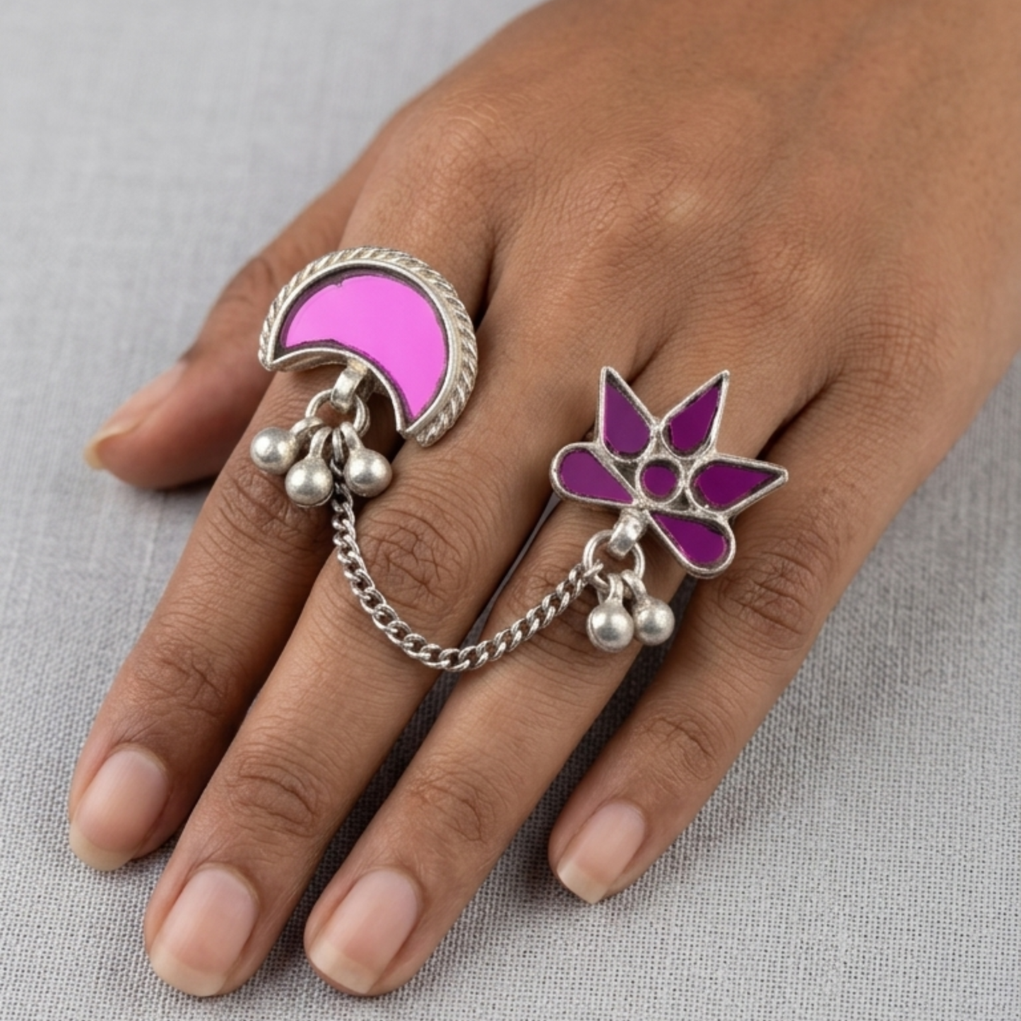 Afghani Mirror Glass Pink Double Finger Rings