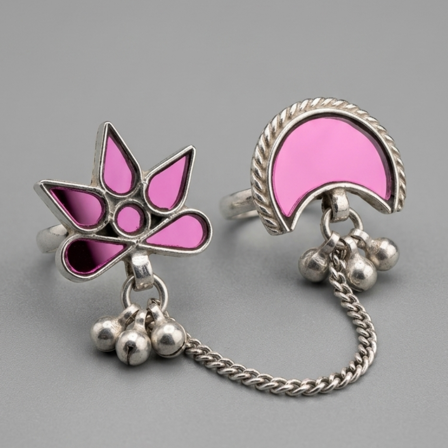 Afghani Mirror Glass Pink Double Finger Rings