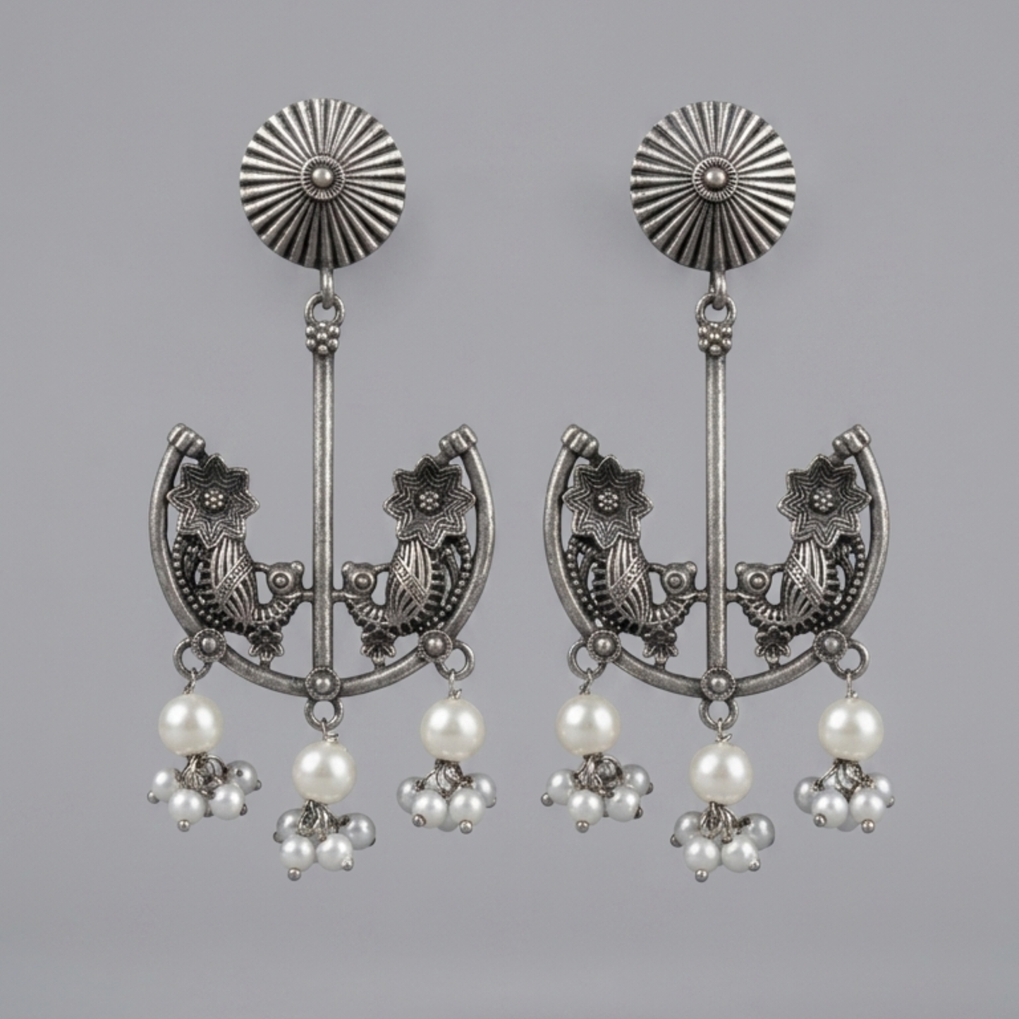 Handcrafted Oxidized Silver Floral Motif Chandbali Earrings with Pearl Drops