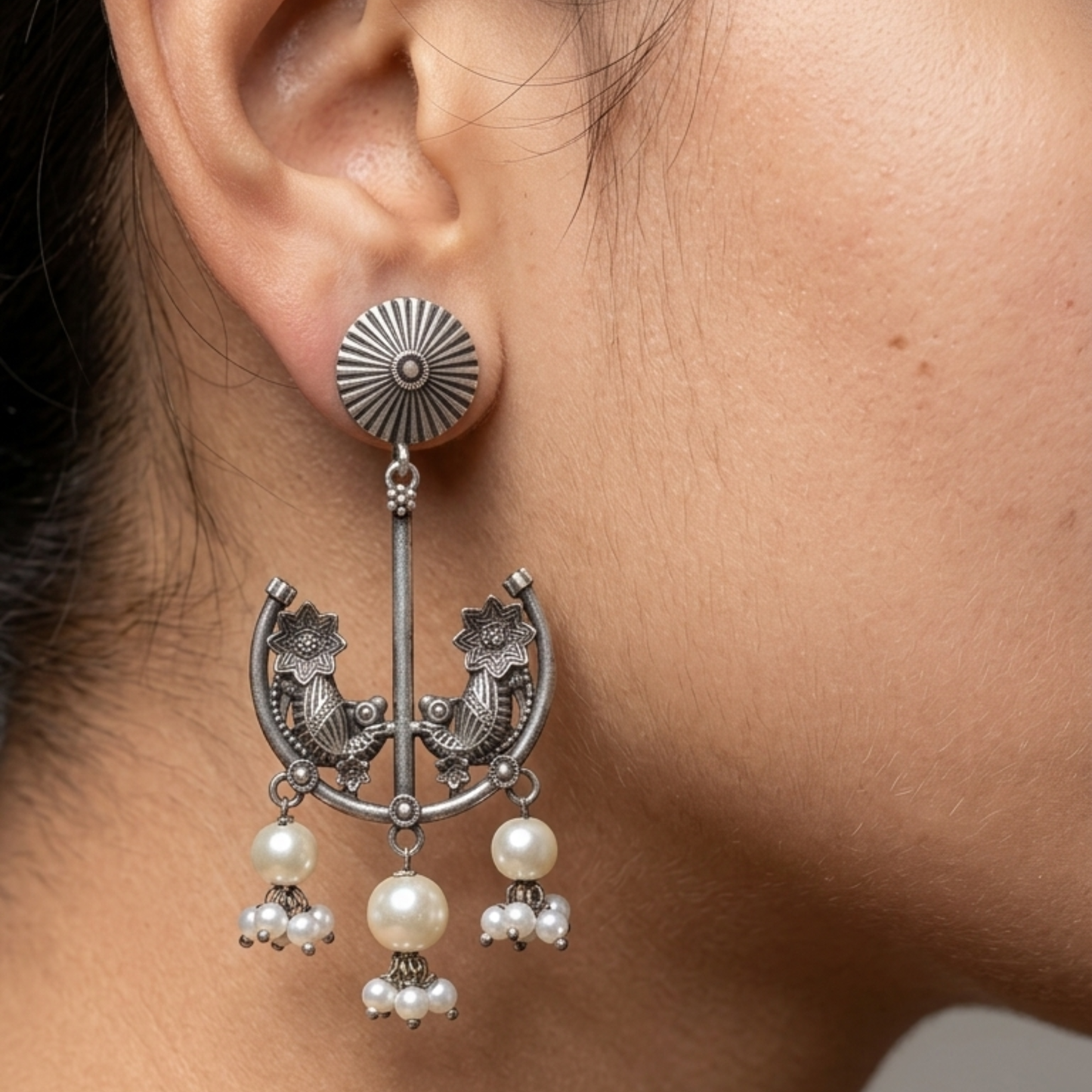 Handcrafted Oxidized Silver Floral Motif Chandbali Earrings with Pearl Drops