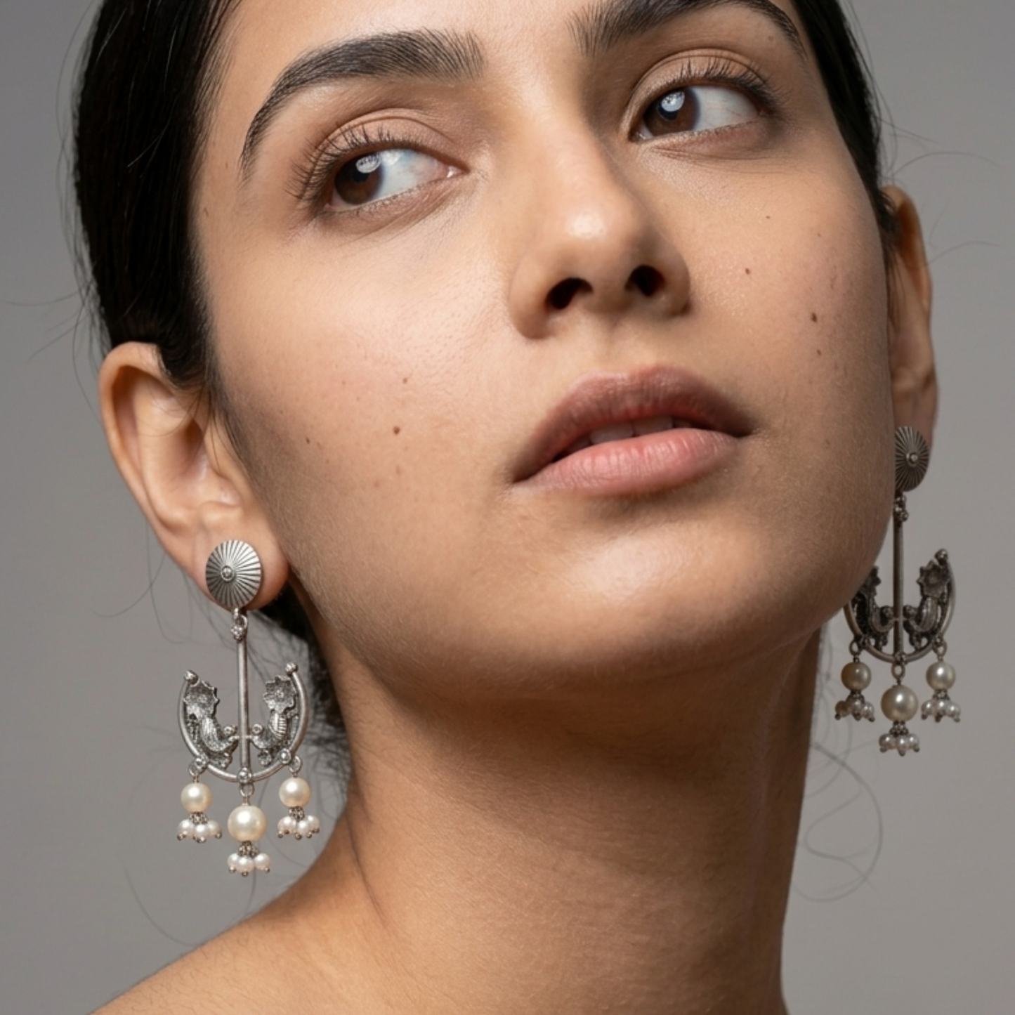 Handcrafted Oxidized Silver Floral Motif Chandbali Earrings with Pearl Drops