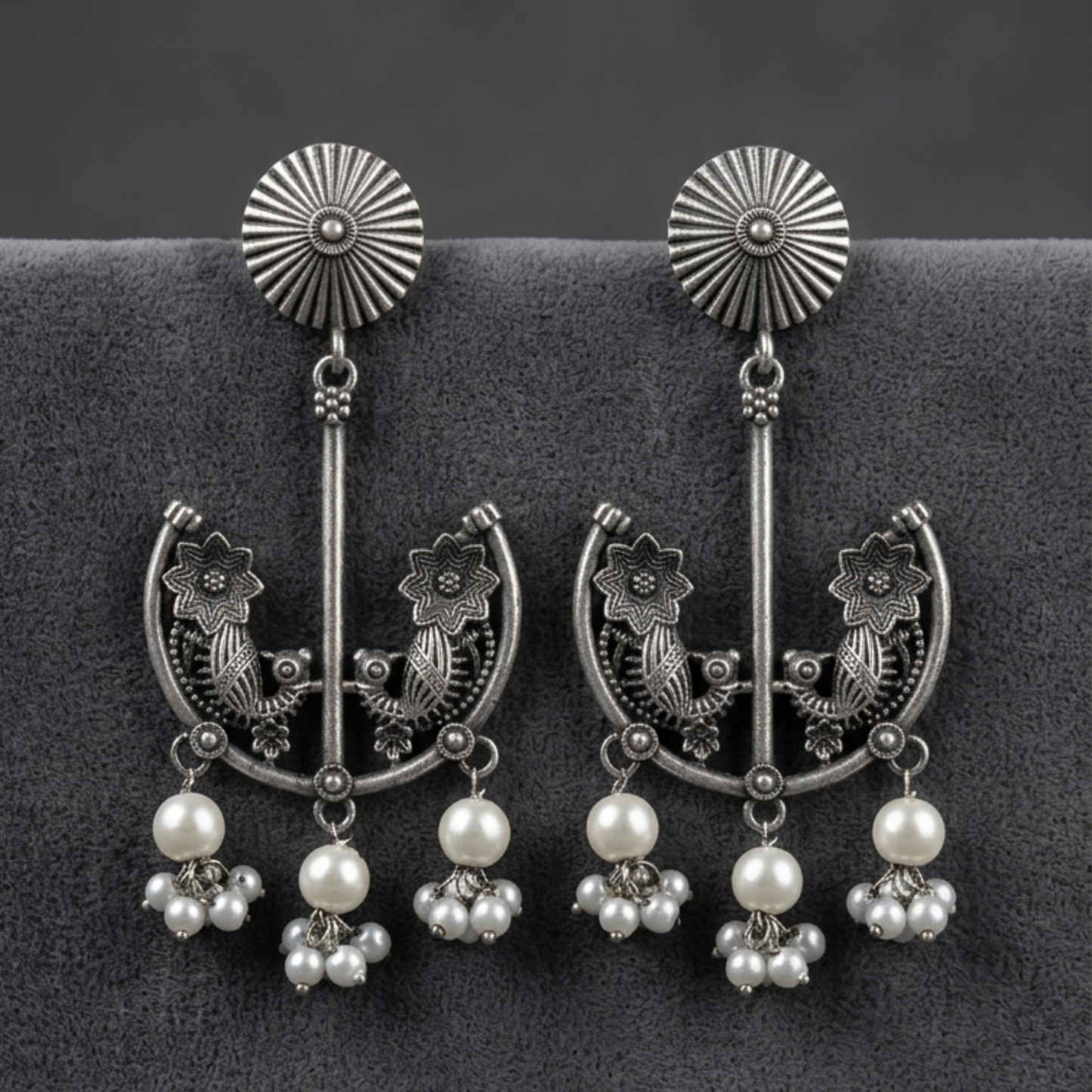 Handcrafted Oxidized Silver Floral Motif Chandbali Earrings with Pearl Drops