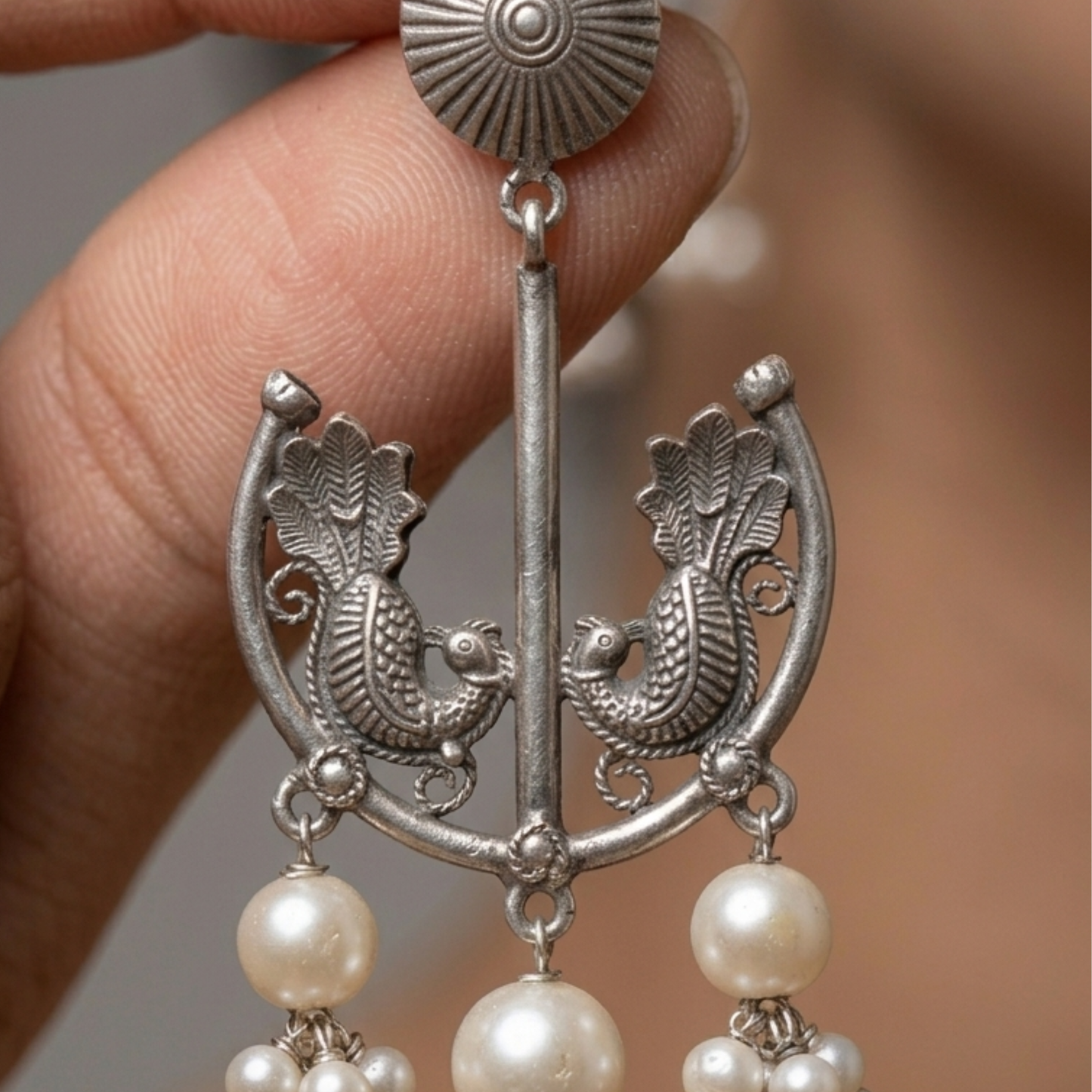 Handcrafted Oxidized Silver Floral Motif Chandbali Earrings with Pearl Drops