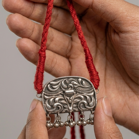Oxidized Silver-Replica Vintage Taaviz Pendant Choker Set with Stud Earrings