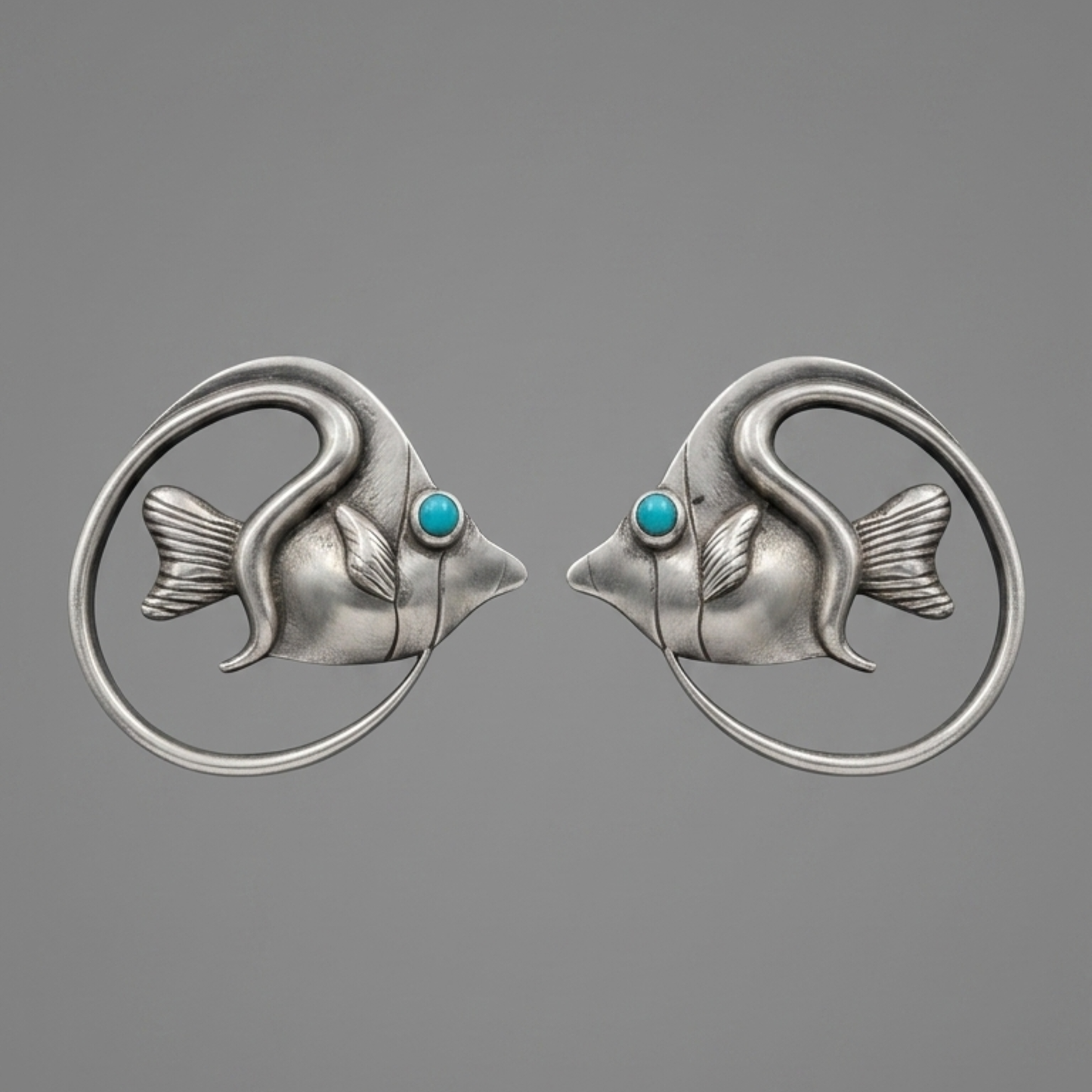 Artisan Fish Shape Stud Earrings – Silver-Plated Brass with Turquoise Accents