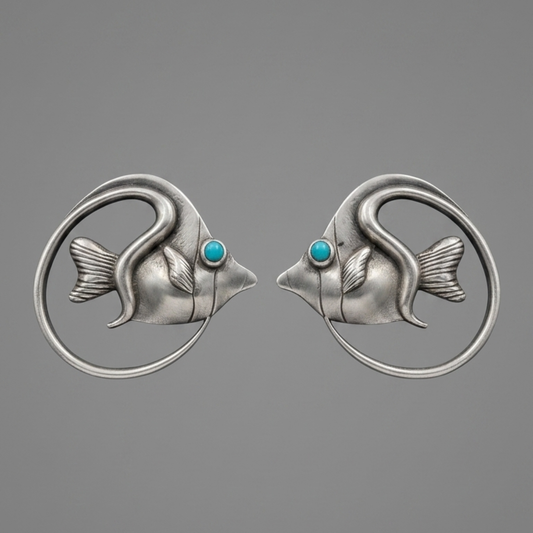 Artisan Fish Shape Stud Earrings – Silver-Plated Brass with Turquoise Accents