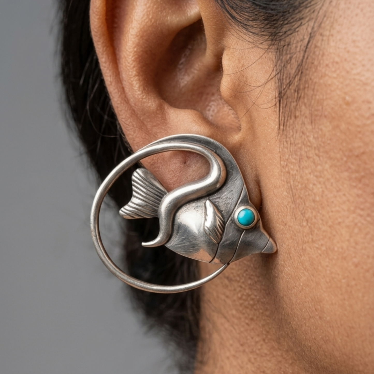 Artisan Fish Shape Stud Earrings – Silver-Plated Brass with Turquoise Accents