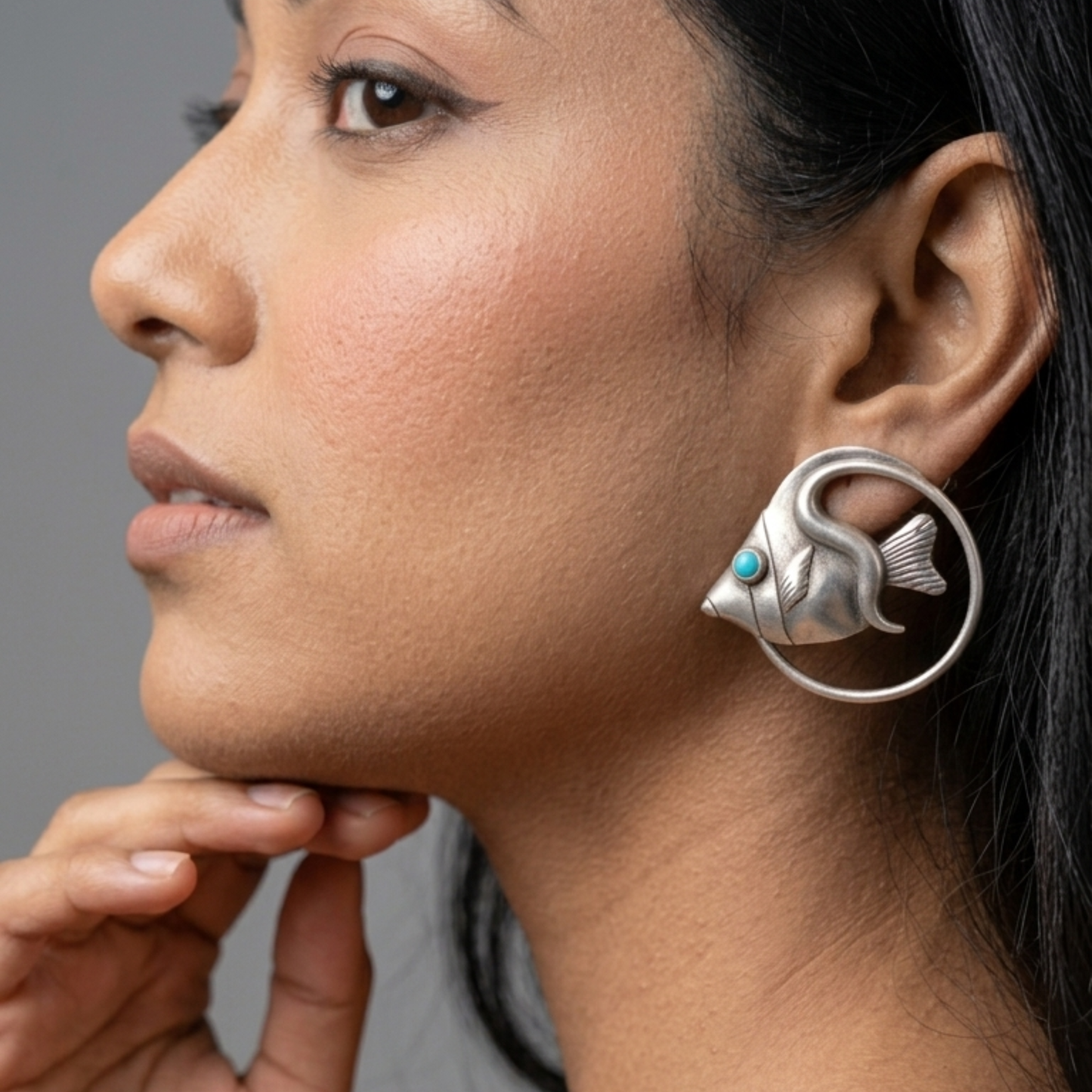 Artisan Fish Shape Stud Earrings – Silver-Plated Brass with Turquoise Accents