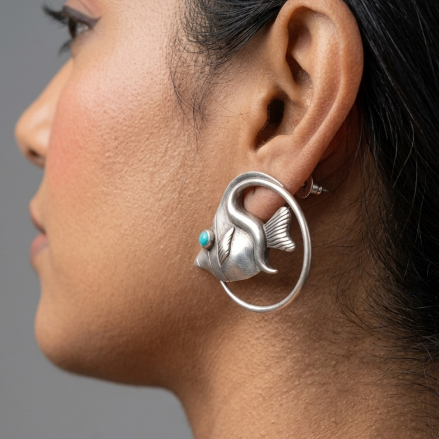 Artisan Fish Shape Stud Earrings – Silver-Plated Brass with Turquoise Accents