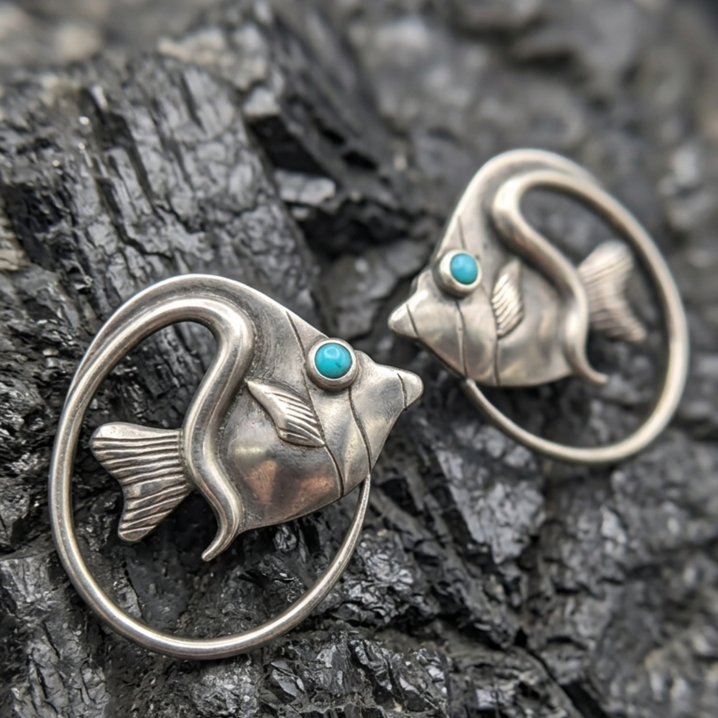 Artisan Fish Shape Stud Earrings – Silver-Plated Brass with Turquoise Accents