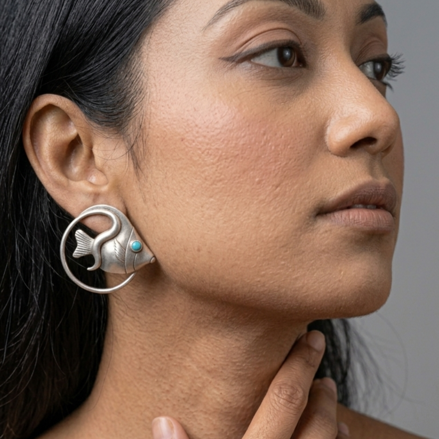 Artisan Fish Shape Stud Earrings – Silver-Plated Brass with Turquoise Accents