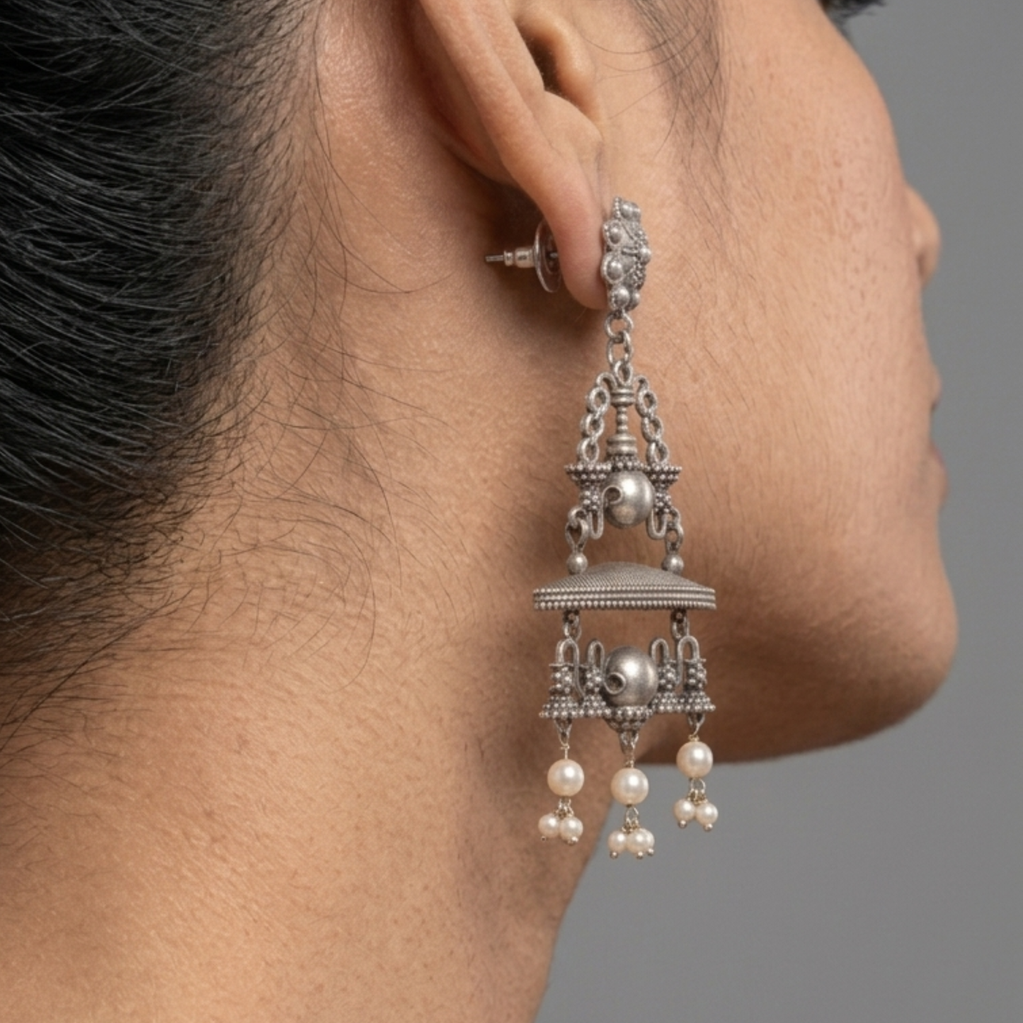 Handcrafted Oxidized Silver-Plated Brass Chandbali Earrings with Faux Pearl Drops