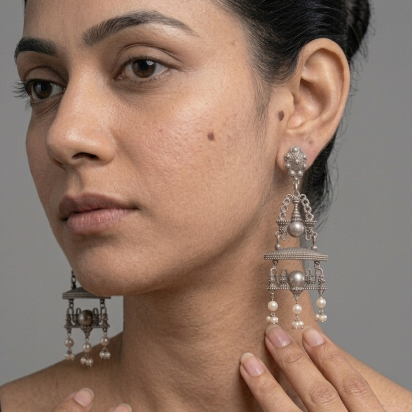 Handcrafted Oxidized Silver-Plated Brass Chandbali Earrings with Faux Pearl Drops