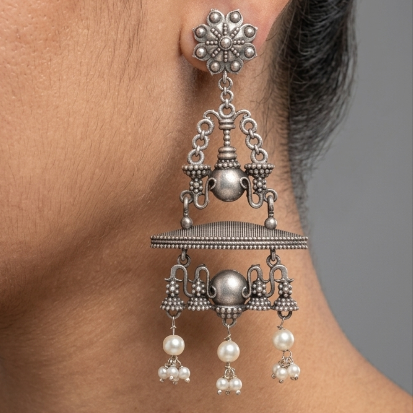 Handcrafted Oxidized Silver-Plated Brass Chandbali Earrings with Faux Pearl Drops